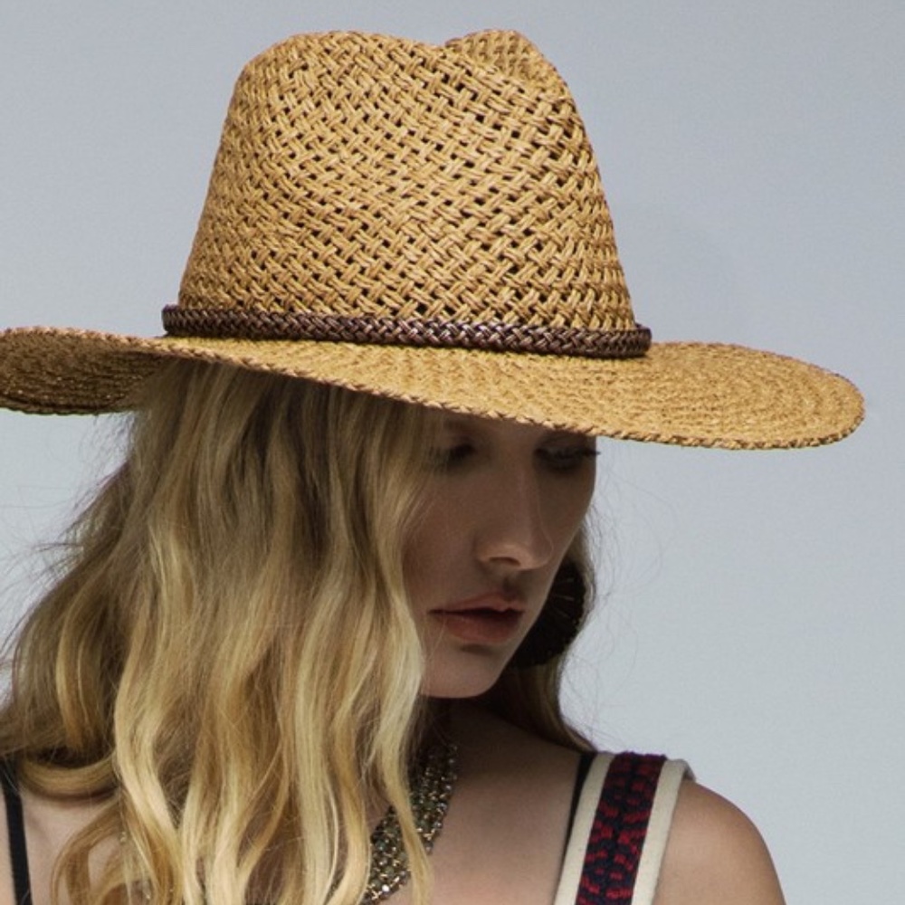 SOLD OUT Cappuccino Wider Brim Woven Braid Accent Panama Women's Summer Hat - Picture 2 of 4